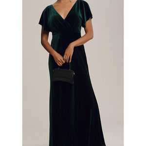 Jenny Yoo Ellis Flutter-Sleeve Open-Back Stretch Velvet Gown size 14